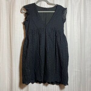 Whimsigoth Black Eyelet Lace Ruffle Sleeve Romper Dress V-Neck Scalloped Hem S